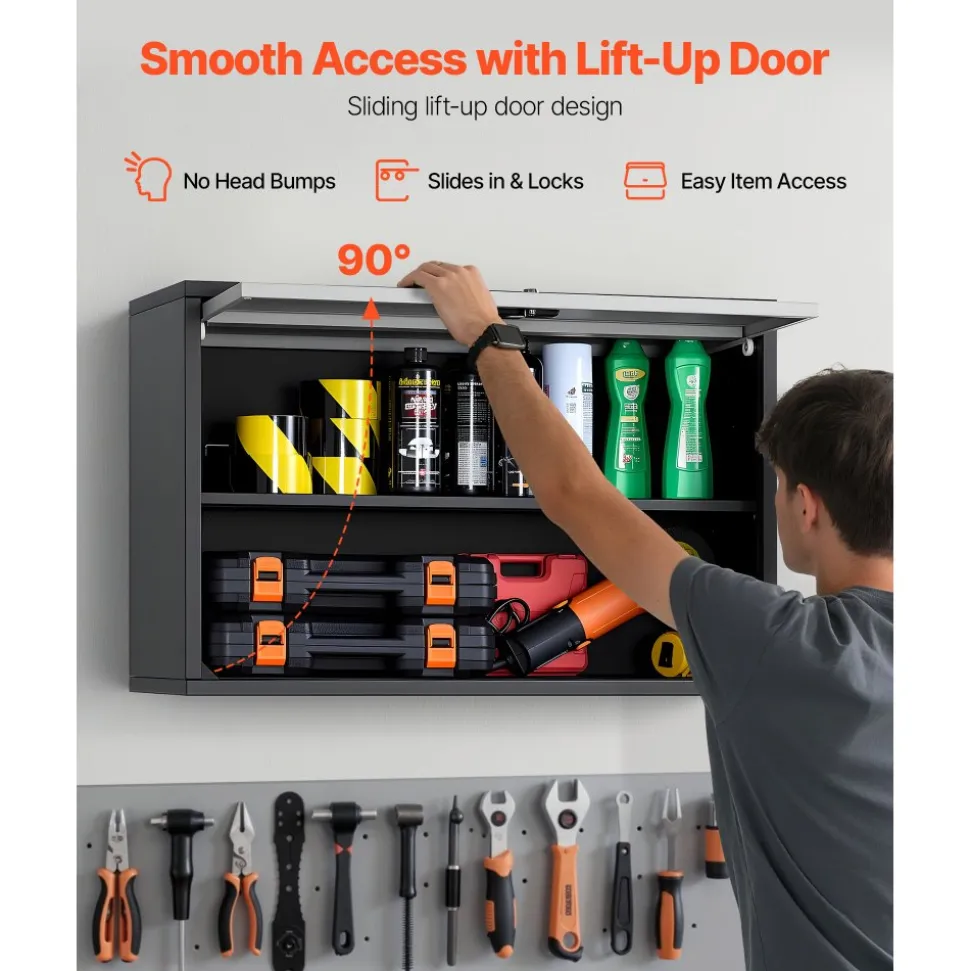 VEVOR Metal Wall Cabinet, 27.56W x 12.01D x 19.69H Inch, Floating Garage Tool Cabinet with Up-Flip Door and Shelf, 240 lbs Load Capacity, Fit for Garage, Basement, Kitchen, Warehouse Assembly Required
