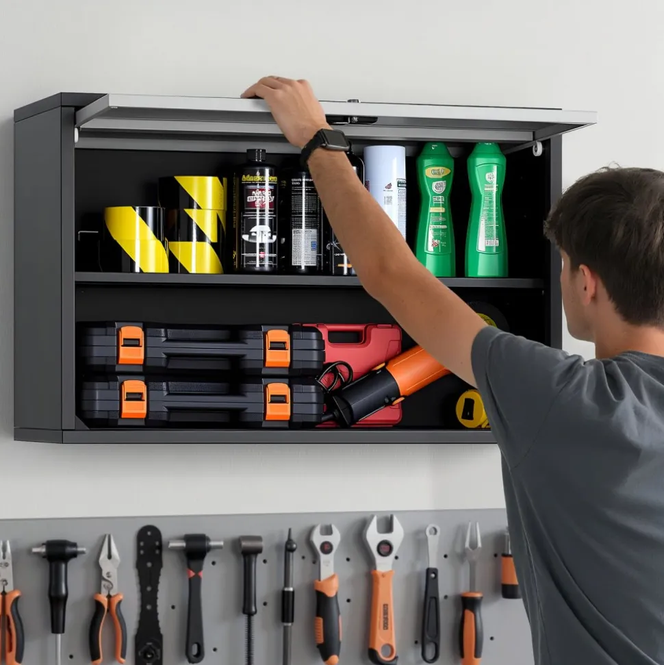 VEVOR Metal Wall Cabinet, 27.56W x 12.01D x 19.69H Inch, Floating Garage Tool Cabinet with Up-Flip Door and Shelf, 240 lbs Load Capacity, Fit for Garage, Basement, Kitchen, Warehouse Assembly Required
