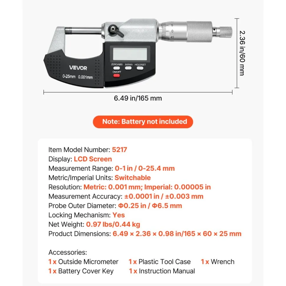 VEVOR Micrometer Set, Digital Outside Micrometer 0-1 inch Measuring Range, 0.00005" Resolution, Ultra-Precision 0.0001 Accuracy, LCD Screen, in/mm Switch, Carbide Tip, with Protective Case