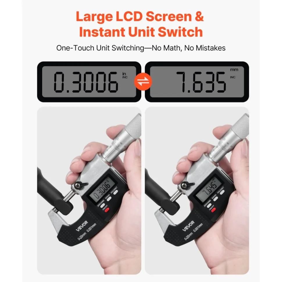 VEVOR Micrometer Set, Digital Outside Micrometer 0-1 inch Measuring Range, 0.00005" Resolution, Ultra-Precision 0.0001 Accuracy, LCD Screen, in/mm Switch, Carbide Tip, with Protective Case