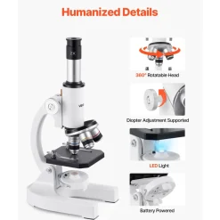 VEVOR Microscope for Kids Adults, 40X-2000X Professional Compound Microscope Mobile Phone Adapter with LED Light, for Laboratory, School, Home, Education
