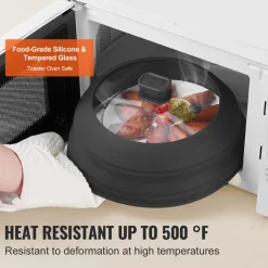 VEVOR Microwave Splatter Cover & Mat, 10.8" Collapsible Microwave Lid for Food, 500°F Heat-Resistant Silicone & Tempered Glass Splatter Guard for Plate Dish, Multi-Purpose Kitchen Gadget with Handle