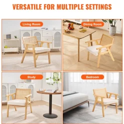 VEVOR Mid Century Modern Rattan Chair, Upholstered Velvet Accent Chair with Rattan Back, Retro Living Room Chair for Living Room, Bedroom, Reading Room, and Office, Beige