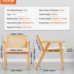 VEVOR Mid Century Modern Rattan Chair, Upholstered Velvet Accent Chair with Rattan Back, Retro Living Room Chair for Living Room, Bedroom, Reading Room, and Office, Beige
