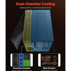 VEVOR Mid-Tower PC Case, Dual Chamber, Gaming Computer Case with Tempered Glass Panels, Magnetic Dust Filter, Cable Management, for GPU up to 410 mm in Length, Compatible with ATX/M-ATX/ITX, No Fan