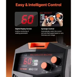VEVOR MIG Welder, 130Amp Synergic Mig Welding Machine, 110V Gasless Flux Core Welder Machine, Portable Mig Welder with IGBT Inverter Technology and Digital Display Screen