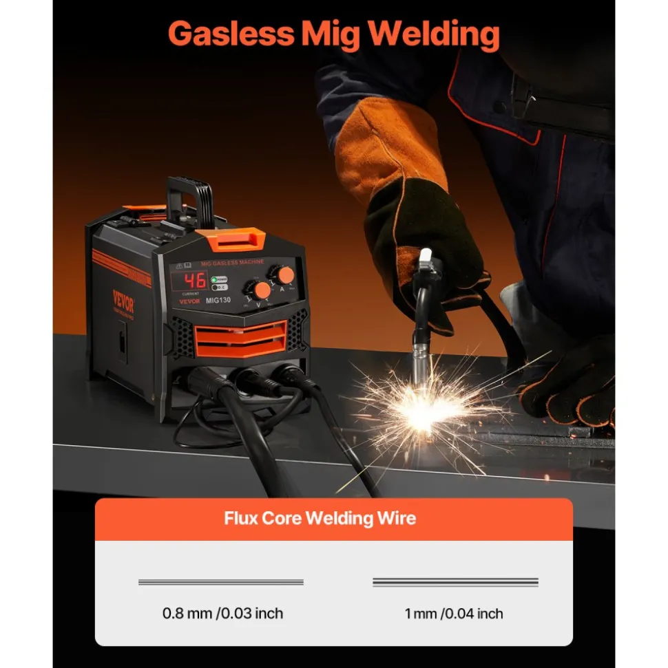 VEVOR MIG Welder, 130Amp Synergic Mig Welding Machine, 110V Gasless Flux Core Welder Machine, Portable Mig Welder with IGBT Inverter Technology and Digital Display Screen