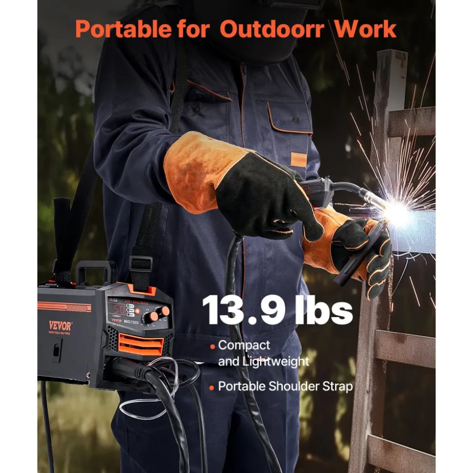 VEVOR MIG Welder, 130A Synergic Mig Welding Machine, 2-in-1 Gas MIG/Gasless Flux Core MIG Multi-Process Welder Machine, 110V Portable Mig Welder with IGBT Inverter Technology & Digital Display Screen