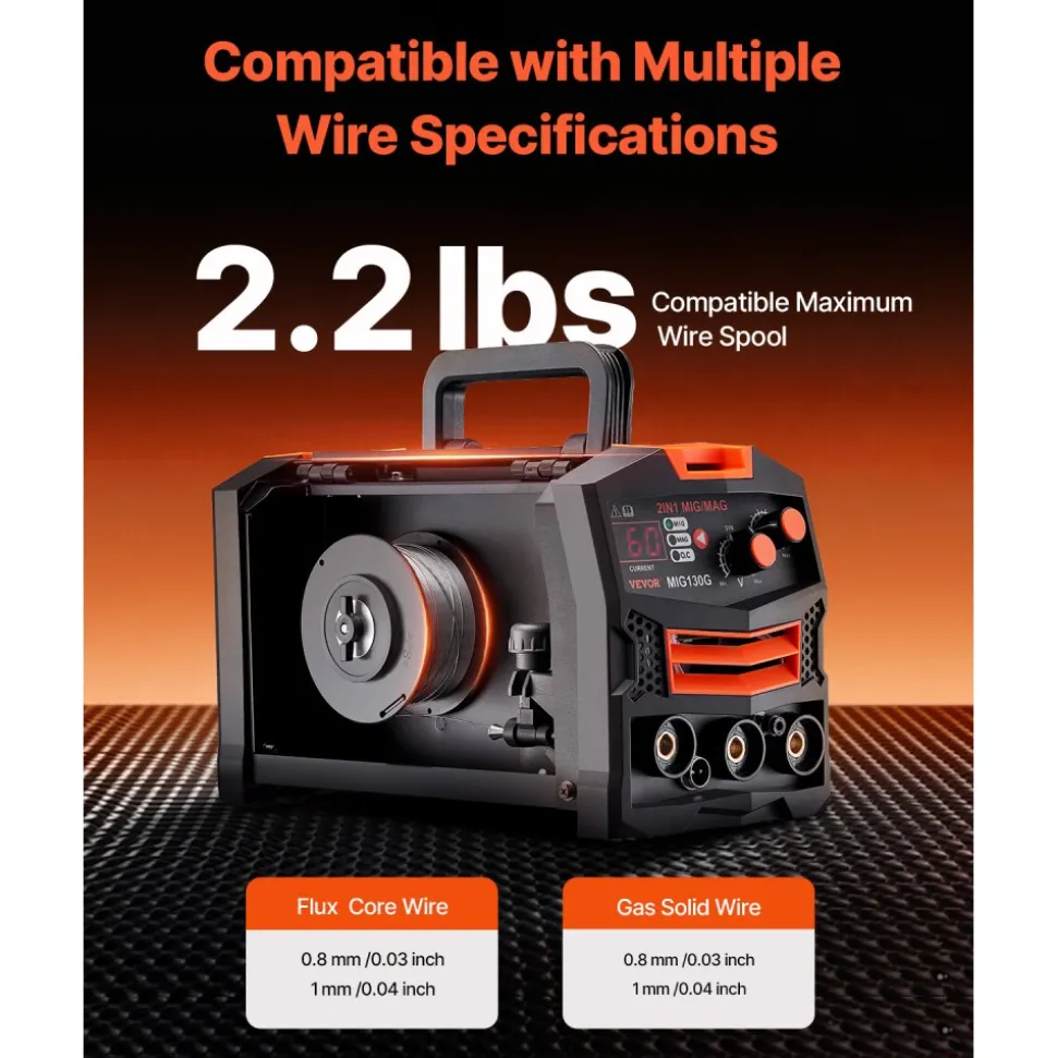 VEVOR MIG Welder, 130A Synergic Mig Welding Machine, 2-in-1 Gas MIG/Gasless Flux Core MIG Multi-Process Welder Machine, 110V Portable Mig Welder with IGBT Inverter Technology & Digital Display Screen