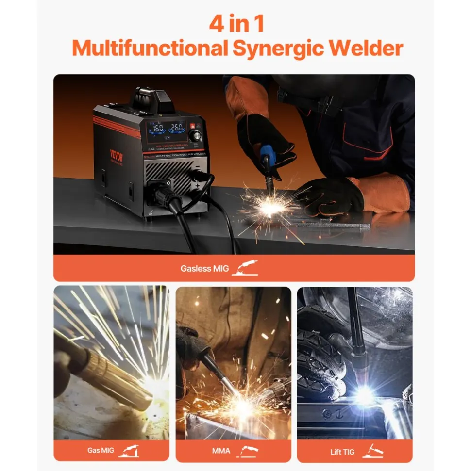 VEVOR MIG Welder, 160A Synergic Mig Welding Machine, 4-in-1 Gas MIG/Flux Core MIG/Stick/Lift TIG Multi-Process Welder Machine, 110V/220V Dual Voltage Mig Welder with IGBT Inverter & LCD Screen Display