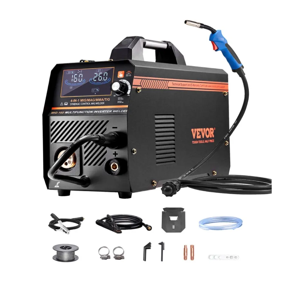 VEVOR MIG Welder, 160A Synergic Mig Welding Machine, 4-in-1 Gas MIG/Flux Core MIG/Stick/Lift TIG Multi-Process Welder Machine, 110V/220V Dual Voltage Mig Welder with IGBT Inverter & LCD Screen Display