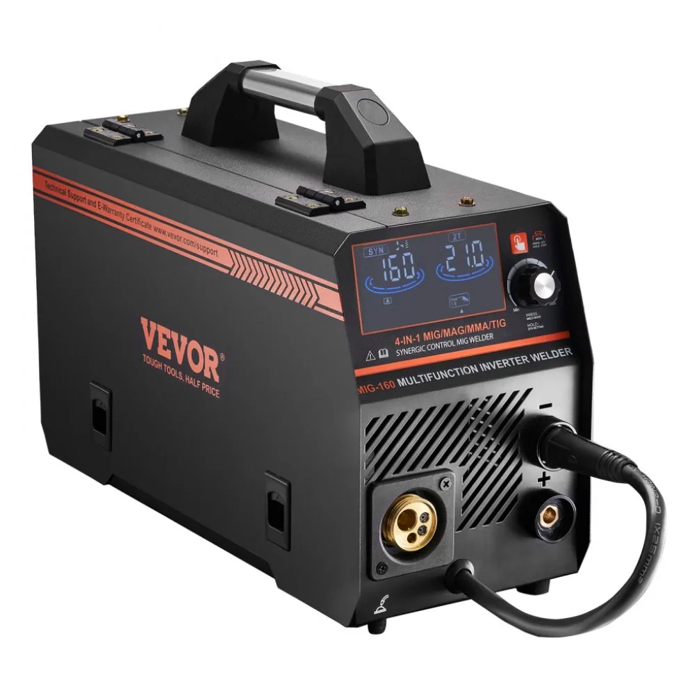 VEVOR MIG Welder, 160A Synergic Mig Welding Machine, 4-in-1 Gas MIG/Flux Core MIG/Stick/Lift TIG Multi-Process Welder Machine, 110V/220V Dual Voltage Mig Welder with IGBT Inverter & LCD Screen Display