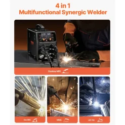 VEVOR MIG Welder, 200A Synergic Mig Welding Machine, 4-in-1 Gas MIG/Flux Core MIG/Stick/Lift TIG Multi-Process Welder Machine, 110V/220V Dual Voltage Mig Welder with IGBT Inverter & LCD Screen Display