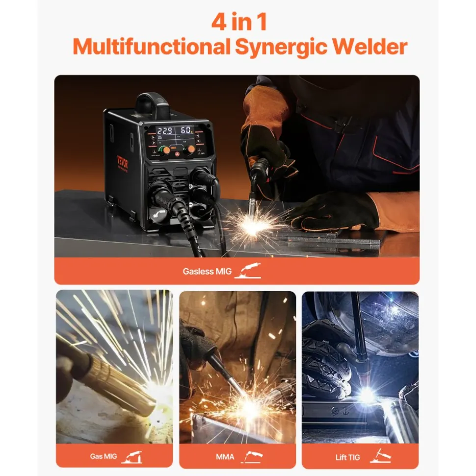 VEVOR MIG Welder, 200A Synergic Mig Welding Machine, 4-in-1 Gas MIG/Flux Core MIG/Stick/Lift TIG Multi-Process Welder Machine, 110V/220V Dual Voltage Mig Welder with IGBT Inverter & LCD Screen Display