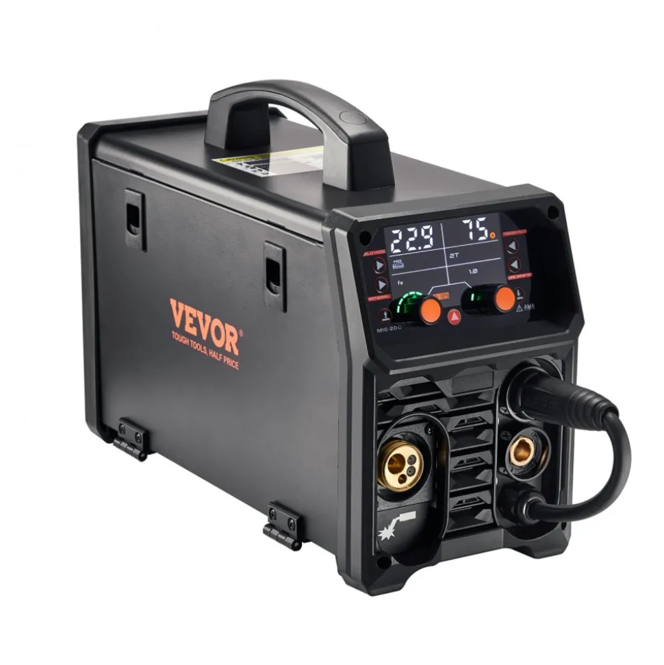 VEVOR MIG Welder, 200A Synergic Mig Welding Machine, 4-in-1 Gas MIG/Flux Core MIG/Stick/Lift TIG Multi-Process Welder Machine, 110V/220V Dual Voltage Mig Welder with IGBT Inverter & LCD Screen Display