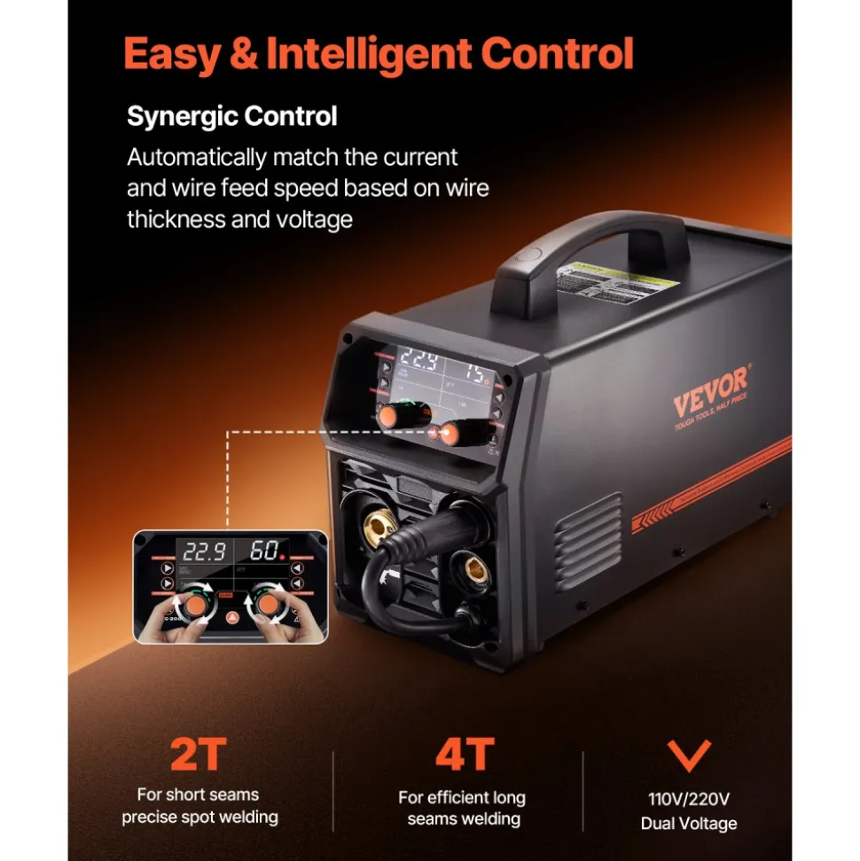 VEVOR MIG Welder, 200A Synergic Mig Welding Machine, 4-in-1 Gas MIG/Flux Core MIG/Stick/Lift TIG Multi-Process Welder Machine, 110V/220V Dual Voltage Mig Welder with IGBT Inverter & LCD Screen Display