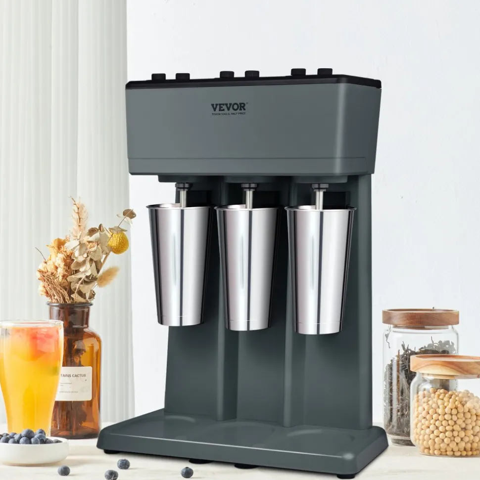 VEVOR Milkshake Machine, 375W x 3 Milkshake Maker Mixer, Triple Head Drink Mixer Blender Machine, 3-Speed Milkshake Blender with 3 x 820ml Stainless Steel Cup for Commercial