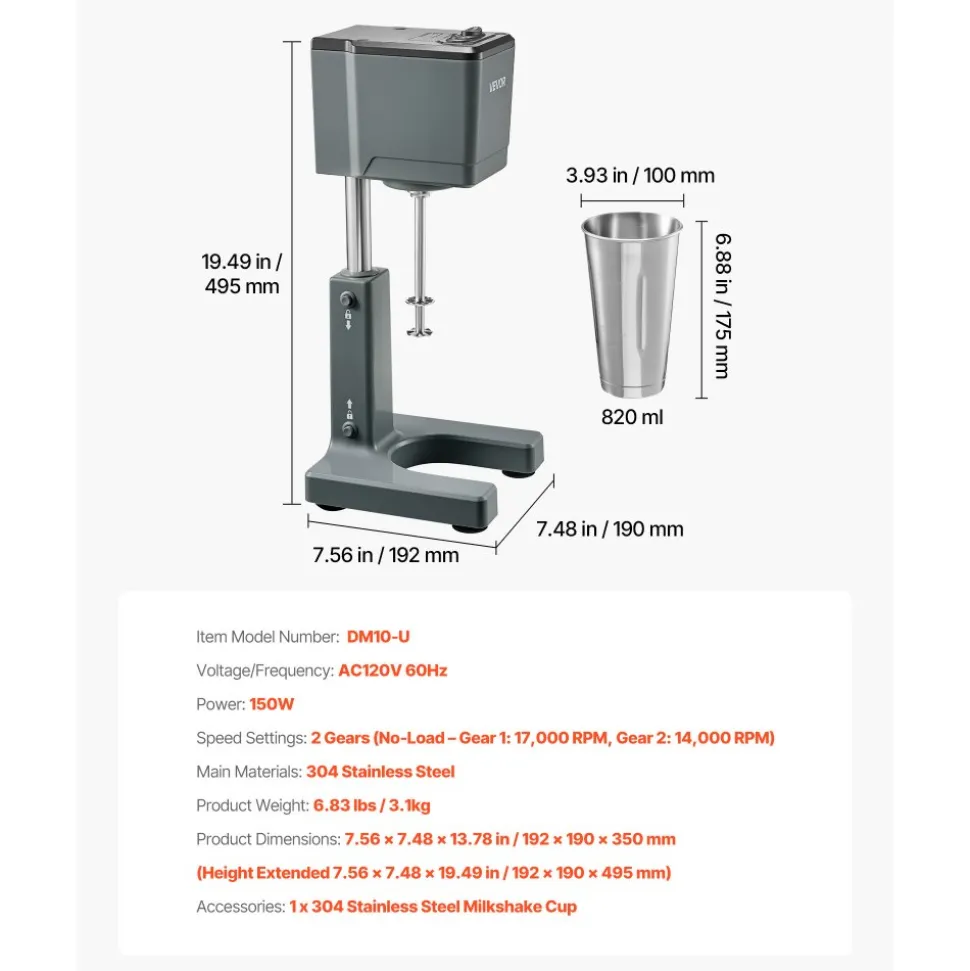 VEVOR Milkshake Maker, 150W Milk Shake Maker Mixer, Single Head Drink Mixer Blender Machine, Dual-Speed Adjustment Milkshake Blender with Stainless Steel Cup, for Home, Kitchen, Bar & Beverage Shop