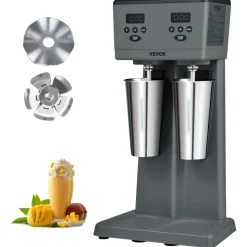 VEVOR Milkshake Maker, 375W x 2 Electric Milkshake Machine, Commercial Double Heads Drink Mixer Blender, LED Intelligent Microswitch, 3-Speed Milkshake Mixer with 2 x 820 ml Stainless Steel Cups