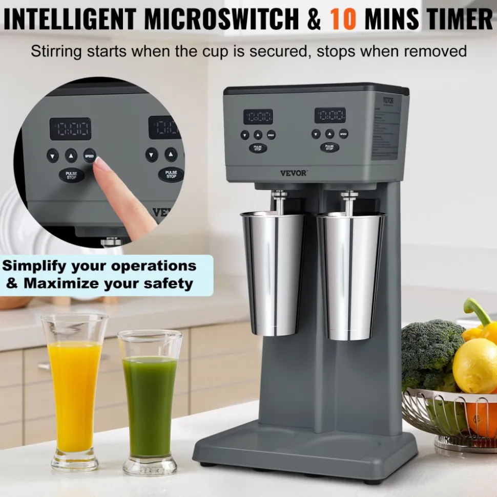 VEVOR Milkshake Maker, 375W x 2 Electric Milkshake Machine, Commercial Double Heads Drink Mixer Blender, LED Intelligent Microswitch, 3-Speed Milkshake Mixer with 2 x 820 ml Stainless Steel Cups