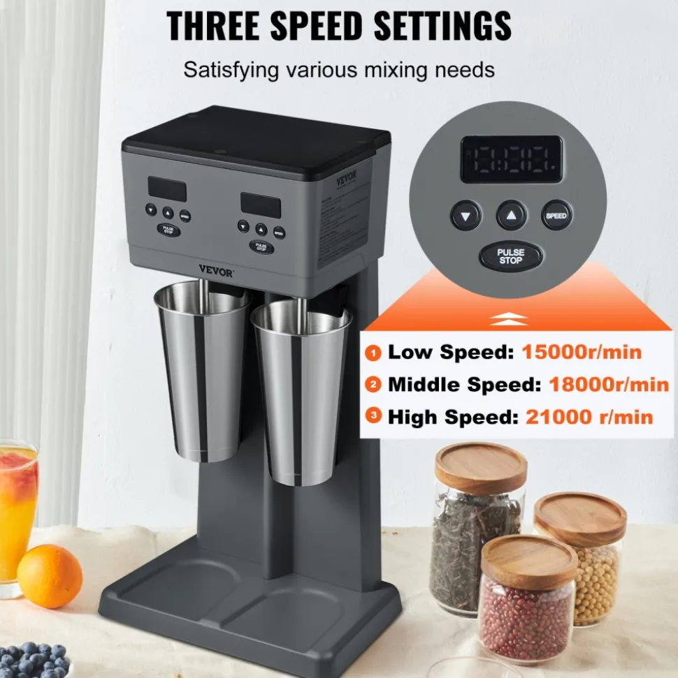 VEVOR Milkshake Maker, 375W x 2 Electric Milkshake Machine, Commercial Double Heads Drink Mixer Blender, LED Intelligent Microswitch, 3-Speed Milkshake Mixer with 2 x 820 ml Stainless Steel Cups
