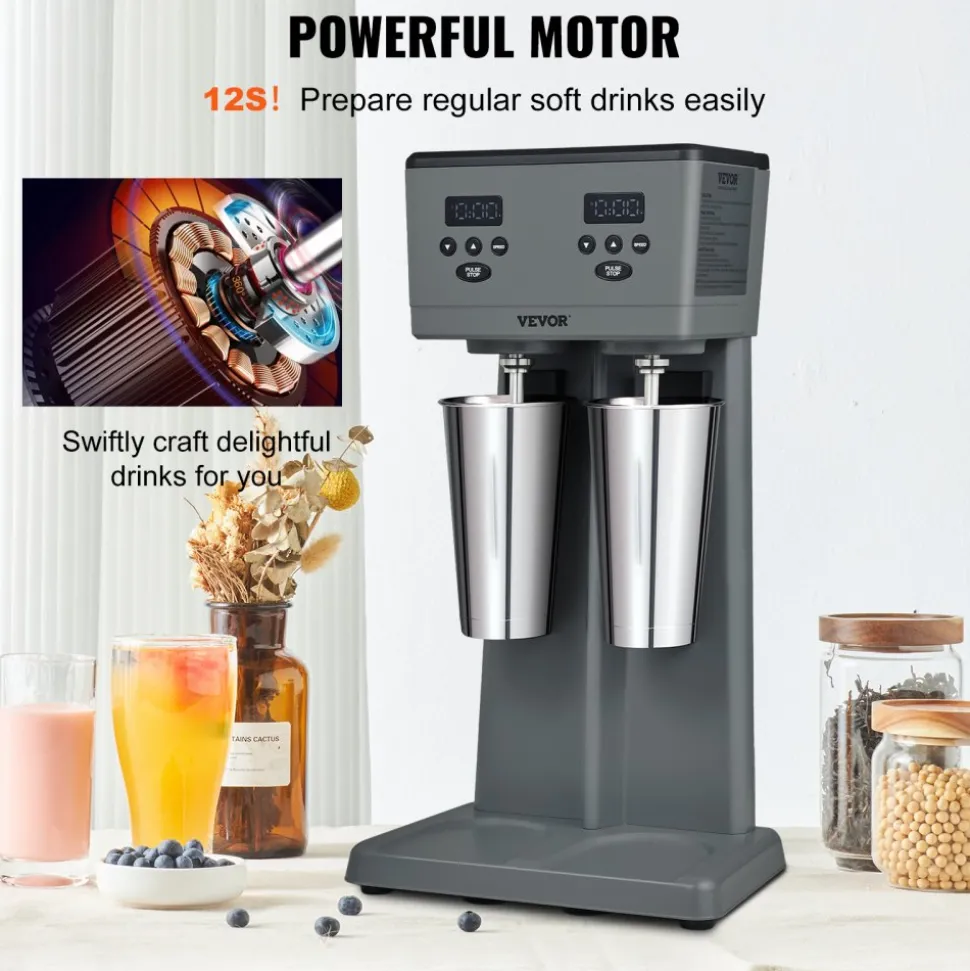 VEVOR Milkshake Maker, 375W x 2 Electric Milkshake Machine, Commercial Double Heads Drink Mixer Blender, LED Intelligent Microswitch, 3-Speed Milkshake Mixer with 2 x 820 ml Stainless Steel Cups