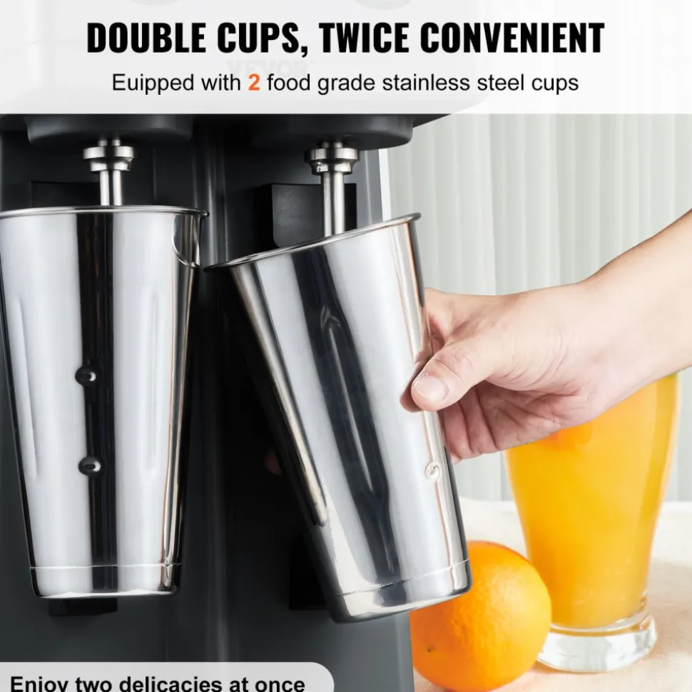 VEVOR Milkshake Maker, 375W x 2 Electric Milkshake Machine, Commercial Double Heads Drink Mixer Blender, LED Intelligent Microswitch, 3-Speed Milkshake Mixer with 2 x 820 ml Stainless Steel Cups