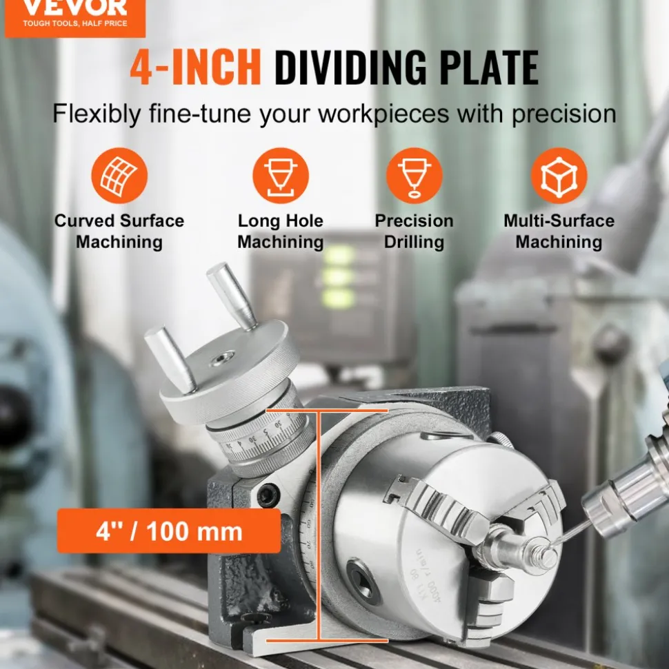 VEVOR Milling Machine Rotary Table, 4''/100 mm, Versatile Horizontal & Vertical Design, Precision Crafted, Includes 3.1''/80 mm 3-Jaw Chuck, M10 T-Bolts & Nuts, Ideal for Engineering & Indexing