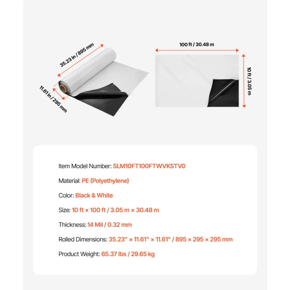 VEVOR 14 Mil Plastic Sheeting Heavy Duty 10' x 100', Thick Plastic Sheeting Roll, Plastic Drop Cloth Painters Tarp Covering for Crawl Space Vapor Barrier, Black and White Double-Sided, Multi-Purpose