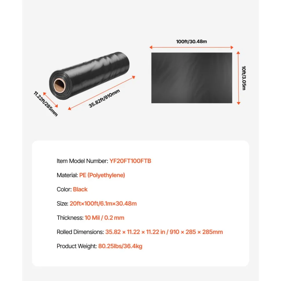 VEVOR 10 Mil Plastic Sheeting Heavy Duty 20' x 100', Thick Plastic Sheeting Roll, Plastic Drop Cloth Painters Tarp, Polyethylene Covering for Crawl Space Vapor Barrier, Multi-Purpose, Black