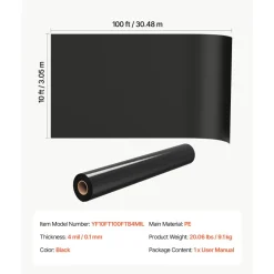 VEVOR 4 Mil Plastic Sheeting 6' x 100' Black Heavy Duty Polyethylene Roll, Thick Plastic Roll for Garden, Drop Cloth Painters Tarp, Polyethylene Covering for Crawl Space Vapor Barrier, Weed Control