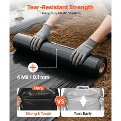 VEVOR 4 Mil Plastic Sheeting 6' x 100' Black Heavy Duty Polyethylene Roll, Thick Plastic Roll for Garden, Drop Cloth Painters Tarp, Polyethylene Covering for Crawl Space Vapor Barrier, Weed Control
