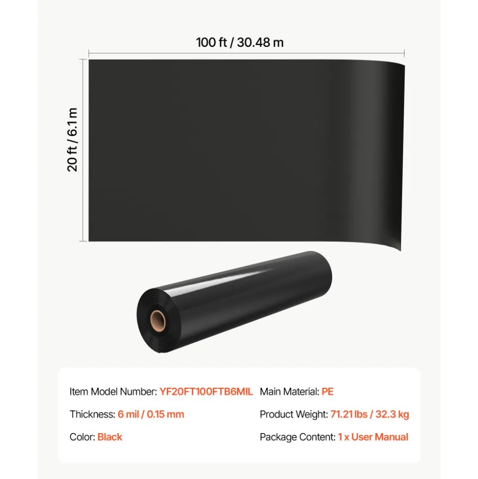VEVOR 6 Mil Plastic Sheeting 20' x 100' Black Heavy Duty Polyethylene Roll, Thick Plastic Roll for Garden, Drop Cloth Painters Tarp, Polyethylene Covering for Crawl Space Vapor Barrier, Weed Control