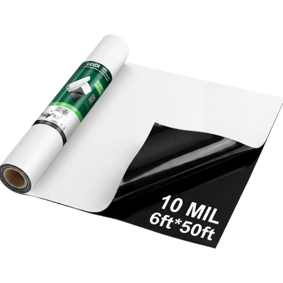 VEVOR 10 Mil Plastic Sheeting 6' x 50' Heavy Duty Thick Polyethylene Roll, Plastic Drop Cloth Painters Tarp, Polyethylene Covering for Crawl Space Vapor Barrier, Weed Control, Garden, Black & White