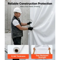 VEVOR 12 Mil Plastic Sheeting 10' x 50' Heavy Duty Thick Polyethylene Roll, Plastic Drop Cloth Painters Tarp, Polyethylene Covering for Crawl Space Vapor Barrier, Weed Control, Garden, Black & White
