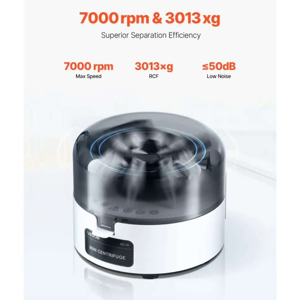 VEVOR Mini Centrifuge Machine, 3013xg RCF Electric Laboratory Centrifuge Machine with 2-in-1 Rotor for 0.2/1.5/2ml Tube Capacity, Fixed Speed 7000r/min, Low Noise, Widely Used in Various Experiments