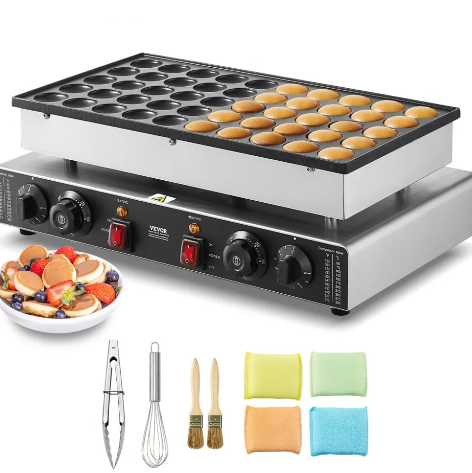 VEVOR Mini Dutch Pancake Maker, 50PCS 43mm Diameter Dorayaki Baker Machine, 1700W Commercial Electric Poffertjes Grill, Non-stick Stainless Steel, Dual Temp & Time Control, for Home Kitchen Restaurant
