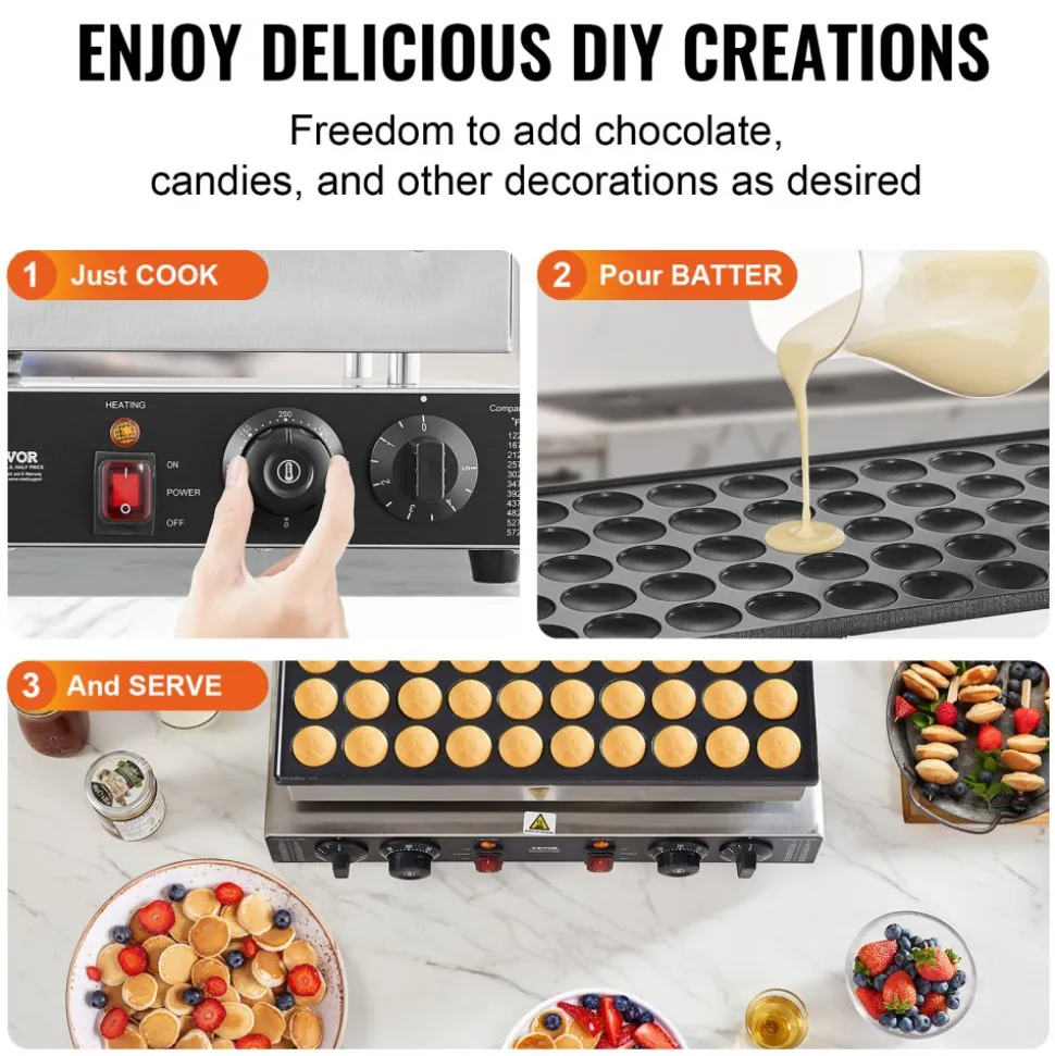 VEVOR Mini Dutch Pancake Maker, 50PCS 43mm Diameter Dorayaki Baker Machine, 1700W Commercial Electric Poffertjes Grill, Non-stick Stainless Steel, Dual Temp & Time Control, for Home Kitchen Restaurant