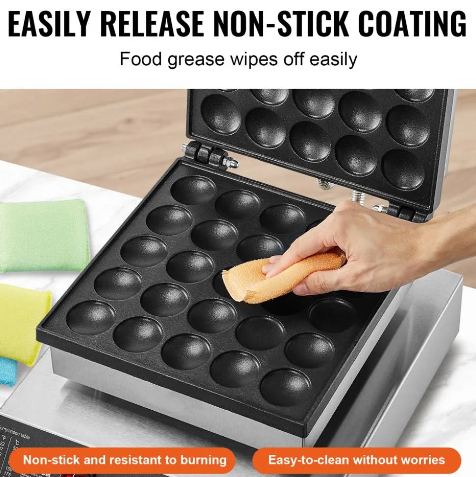 VEVOR Mini Dutch Pancake Maker, 25PCS 43mm Diameter Dorayaki Baker Machine, 1700W Commercial Electric Poffertjes Grill, Non-stick Stainless Steel, Temp & Time Control, for Home Kitchen Restaurant