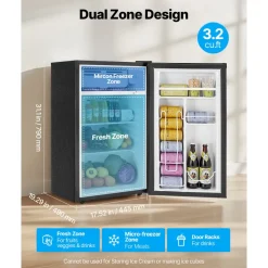 VEVOR Mini Fridge, 3.2 Cu.Ft, Single Door Compact Refrigerator, Adjustable Temperature, Glass Shelf, Energy Efficient Small Refrigerator, Reversible Door, Low Noise, for Bedroom Dorm Office, Black