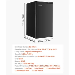 VEVOR Mini Fridge, 3.2 Cu.Ft, Single Door Compact Refrigerator, Adjustable Temperature, Glass Shelf, Energy Efficient Small Refrigerator, Reversible Door, Low Noise, for Bedroom Dorm Office, Black