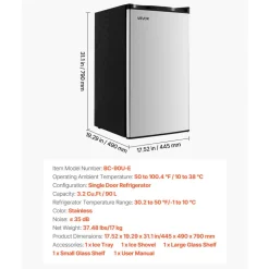 VEVOR Mini Fridge, 3.2 Cu.Ft, Single Door Compact Refrigerator, Adjustable Temperature, Glass Shelf, Energy Efficient Small Refrigerator, Reversible Door, Low Noise, for Bedroom Dorm Office, Stainless
