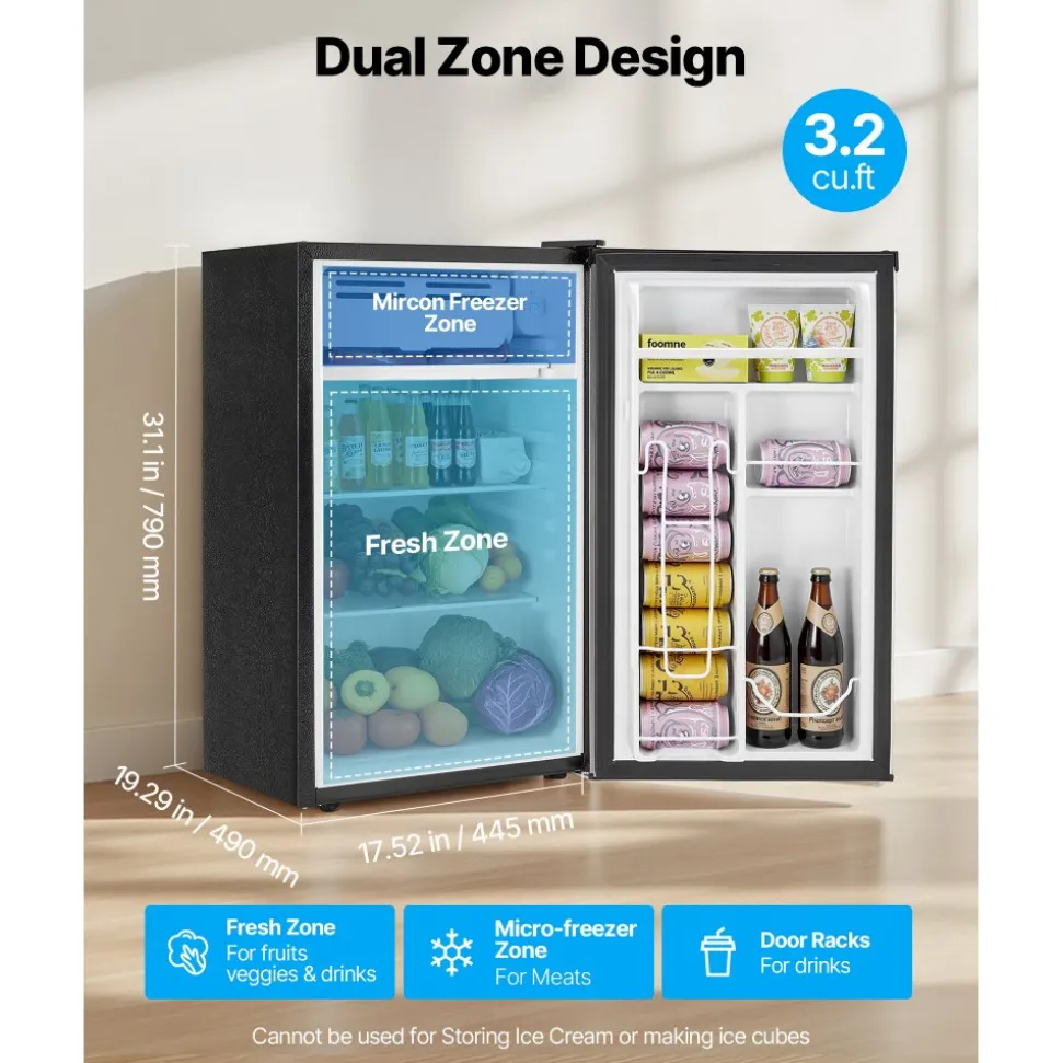 VEVOR Mini Fridge, 3.2 Cu.Ft, Single Door Compact Refrigerator, Adjustable Temperature, Glass Shelf, Energy Efficient Small Refrigerator, Reversible Door, Low Noise, for Bedroom Dorm Office, Stainless