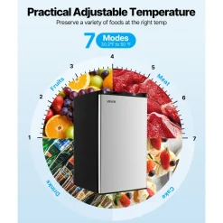 VEVOR Mini Fridge, 3.2 Cu.Ft, Single Door Compact Refrigerator, Adjustable Temperature, Glass Shelf, Energy Efficient Small Refrigerator, Reversible Door, Low Noise, for Bedroom Dorm Office, Stainless