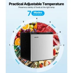 VEVOR Mini Fridge, 1.6 Cu.Ft, Single Door Compact Refrigerator, Adjustable Temperature, Metal Shelf, Energy Efficient Small Refrigerator, Reversible Door, Low Noise, for Bedroom, Office, Stainless