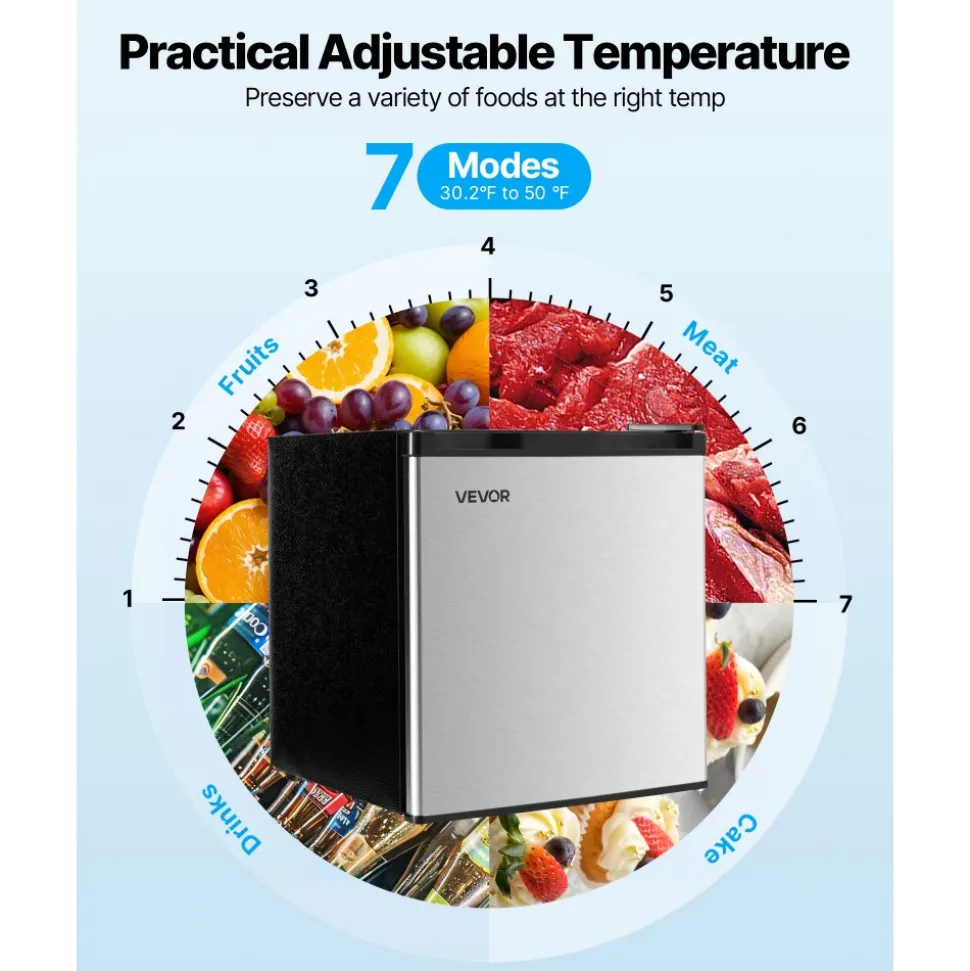 VEVOR Mini Fridge, 1.6 Cu.Ft, Single Door Compact Refrigerator, Adjustable Temperature, Metal Shelf, Energy Efficient Small Refrigerator, Reversible Door, Low Noise, for Bedroom, Office, Stainless