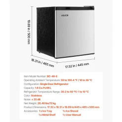VEVOR Mini Fridge, 1.6 Cu.Ft, Single Door Compact Refrigerator, Adjustable Temperature, Metal Shelf, Energy Efficient Small Refrigerator, Reversible Door, Low Noise, for Bedroom, Office, Stainless
