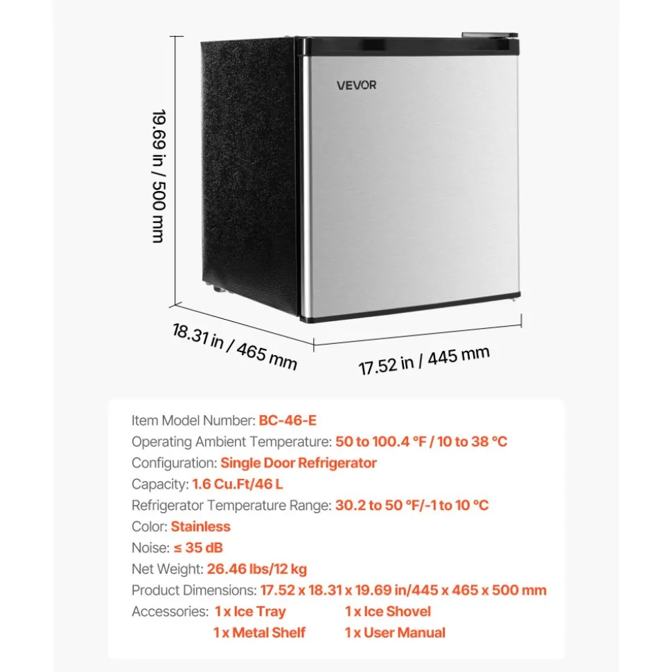 VEVOR Mini Fridge, 1.6 Cu.Ft, Single Door Compact Refrigerator, Adjustable Temperature, Metal Shelf, Energy Efficient Small Refrigerator, Reversible Door, Low Noise, for Bedroom, Office, Stainless
