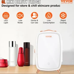 Vevor Mini Fridge for Bedroom, 6L Luxury Skin Care Fridges with Mirror and LED Light, AC/DC Cosmetic Fridge for Office Dorm Car, Small Makeup Refrigerator for Beauty Face Mask Beverage Chill, White
