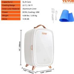 Vevor Mini Fridge for Bedroom, 6L Luxury Skin Care Fridges with Mirror and LED Light, AC/DC Cosmetic Fridge for Office Dorm Car, Small Makeup Refrigerator for Beauty Face Mask Beverage Chill, White